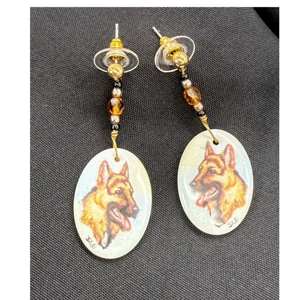 German Shepherd Dog Portrait Drop Earrings Gold Tone Bead Accent Oval Dangle
